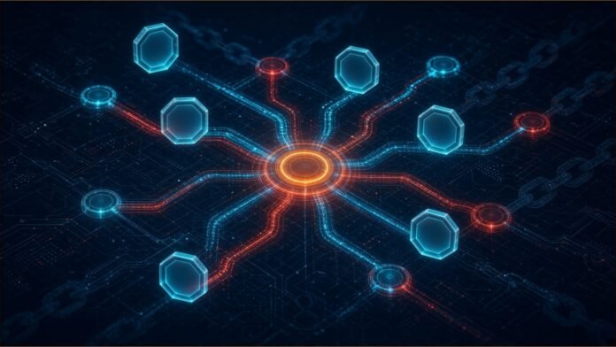 Illustration of blank glowing hexagonal tokens moving along teal and red pathways into a central glowing node, with faint chain links on a dark circuit background