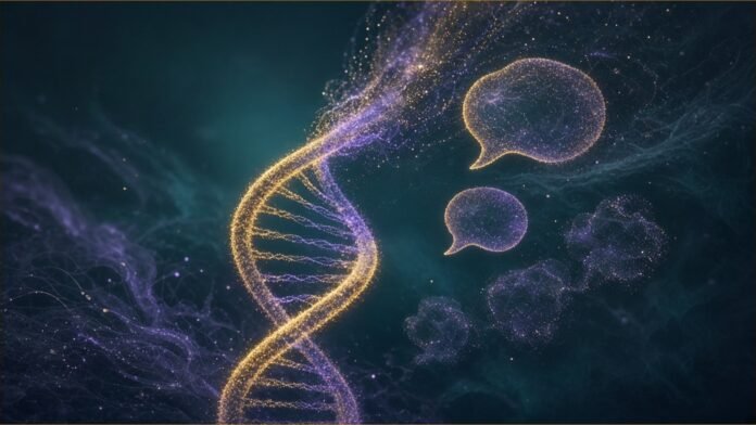 Illustration of a glowing DNA double helix whose strands dissolve into soft speech-bubble shapes made of light