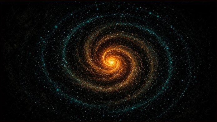 Illustration of an amber particle spiral surrounded by rings of teal points.