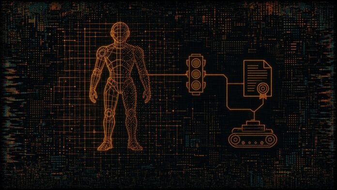 A half-solid, half-dotted wireframe humanoid beside a traffic signal and sealed document linked to a tracked vehicle.
