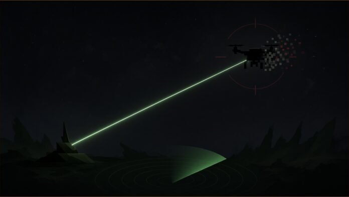 Hungary Could Field Its Own Anti-Drone Laser Soon | TSN Illustration of a thin green beam from a ground emitter striking a quadcopter silhouette that breaks into pixels, inside a targeting reticle.
