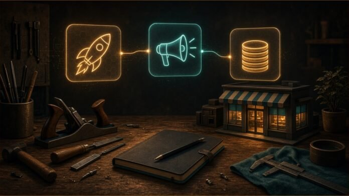 Illustration of a small-business workshop desk beneath glowing launch, marketing and finance tiles.