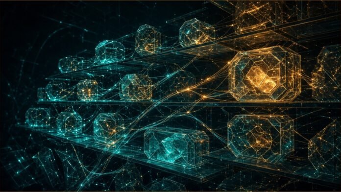 Glowing crystalline memory cells on layered shelves linked by threads of light.