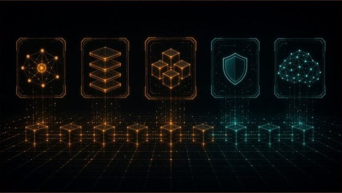 Stack of translucent glowing planes on an open lattice network base, with small control panels on the upper layers