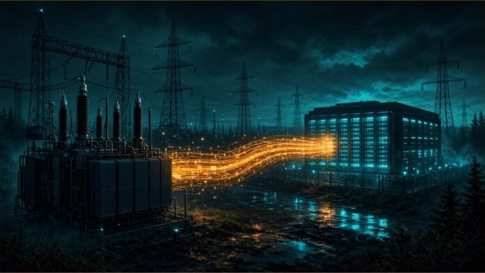 HD Hyundai Electric and LG CNS Sign AI DC Power MoU | TSN Power transformers and grid towers linked by amber data streams to a glowing data centre.