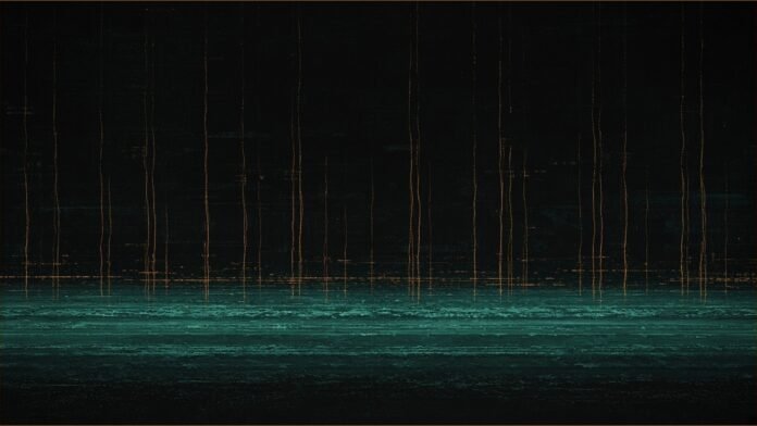 Illustration of Saemangeum AI data centre concept in teal and amber: layered teal light bands with thin amber pulse lines rising from them into the dark.