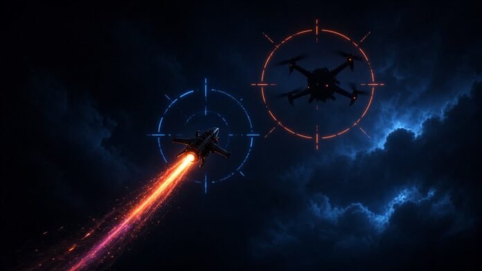IAI Unveils HawkGuard, Using Drones to Ram Hostile Drones Interceptor drone closing on a hostile drone across a radar-lit night sky