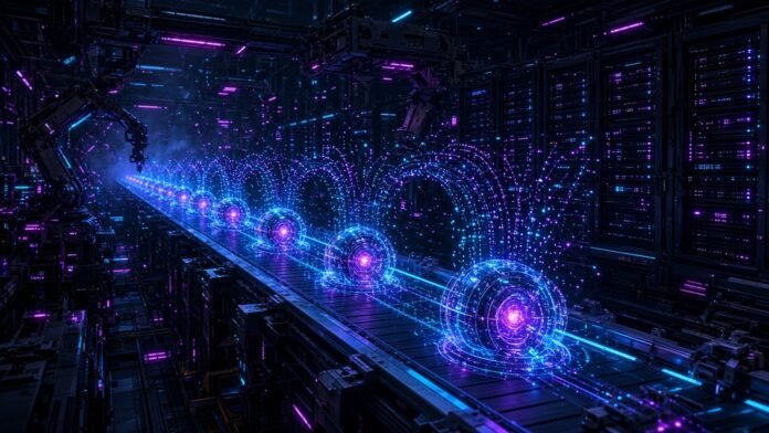 IBM AI Agents Speed Up Quantum Decoder 52x for About $26 Glowing chip die sending traces to parallel agent nodes and a lattice of qubit rings