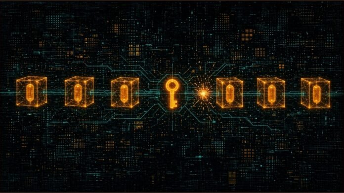 IBM Ships Agent Identity, Previews AI Kill Switch | TSN Illustration of a row of amber capsules sealed in translucent cubes linked by teal circuit lines to a glowing key-shaped node, with one link broken in sparks