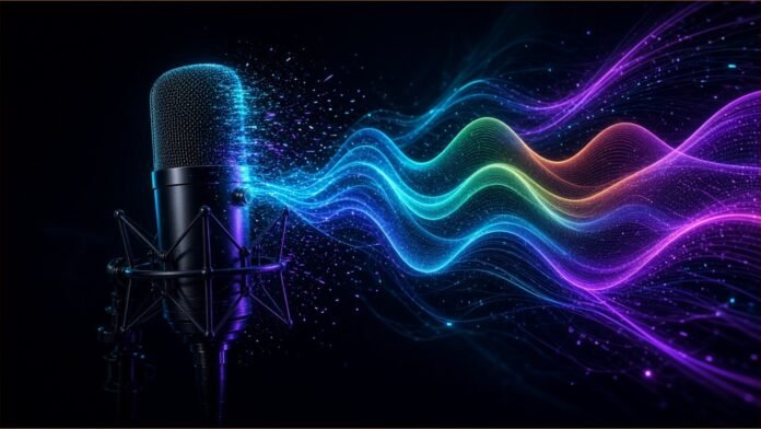 Illustration of a studio microphone dissolving into colourful glowing sound waves