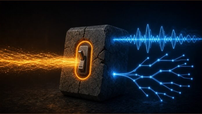 A stone switch block turning an amber beam into a sound wave and branching paths.