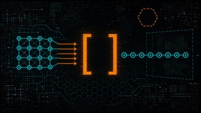 Symbol-only illustration of a grid of linked nodes feeding arrows into a central orange bracket that passes a neat row of nodes to a dashed cluster, with a dashed hexagon in the corner.
