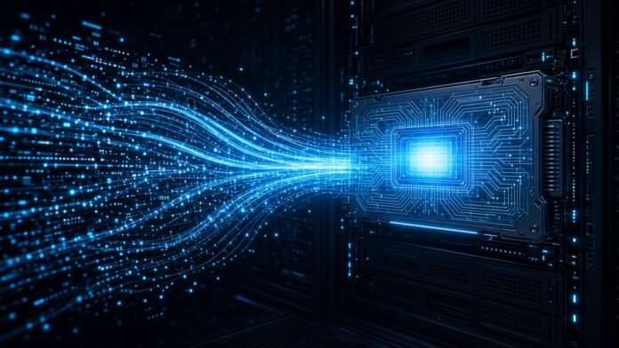 IBM Moves Spyre AI Chip Compiler to PyTorch Inductor Streams of compiled code flowing into a glowing AI accelerator card