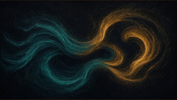 Illustration of teal and amber particle streams spiralling around each other.
