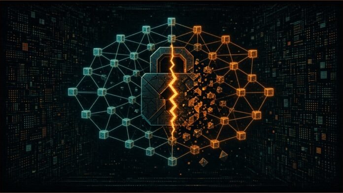 Illustration of a glowing qubit lattice with a geometric lock at its centre split by an amber crack and breaking into shards