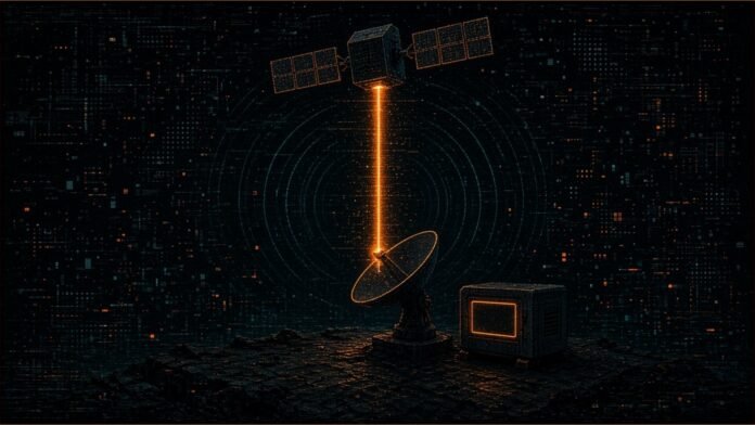 Illustration of a small generic satellite sending an amber beam down to a ground dish antenna beside a rugged terminal box