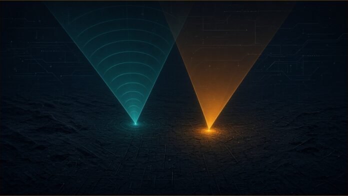 ICEYE and OroraTech Team Up on Wildfire Data | TSN Illustration of a teal radar beam with concentric wave rings and an amber thermal beam pointing at small glowing heat signatures on a dark textured grid