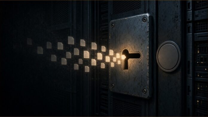 Illustration of a worn lock plate on a server rack with glowing document icons streaming out of its open keyhole.