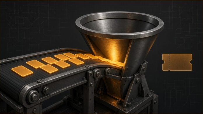 Illustration of a steel conveyor carrying glowing blank cards into an open hopper, with a small voucher ticket beside it.