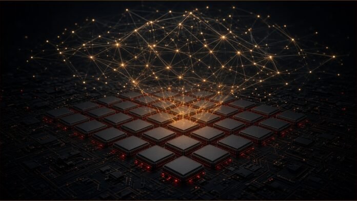 Illustration of a grid of unbranded processor chips glowing red and gold on a dark circuit board, with a lattice of light rising above them like a neural network