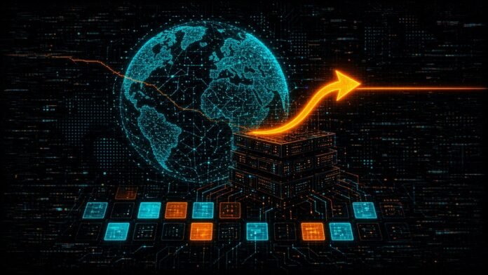 Symbol-only illustration of a cyan circuit-line globe beside a stack of servers, with an orange arrow climbing from the servers and levelling off, above a row of lit and dimmed square tiles.
