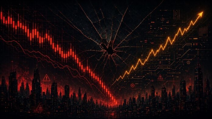 IMF Warns of AI Correction, Bond Yield and Cyber Risks Leaning stack of glowing circuit bars over a cracked base as a yield line climbs