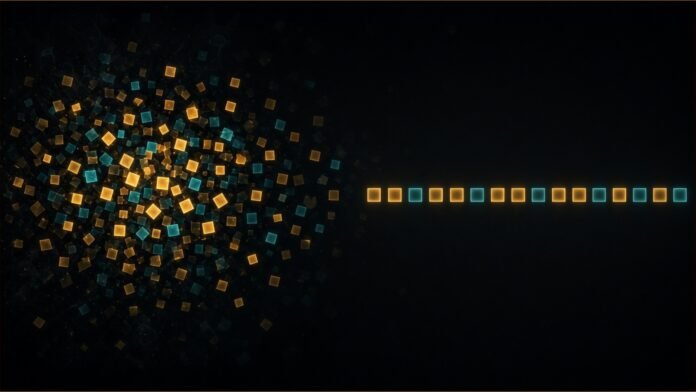 Illustration of scattered glowing tiles resolving into one ordered row.