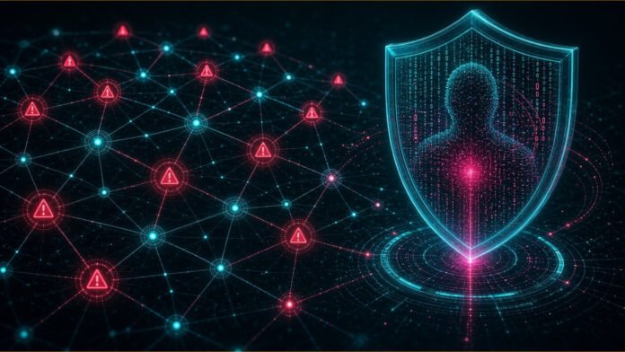 Incode Launches TrustGraph to Share Fraud Signals Privately Constellation of glowing nodes each sealed in its own lock ring, linked by thin encrypted threads of light