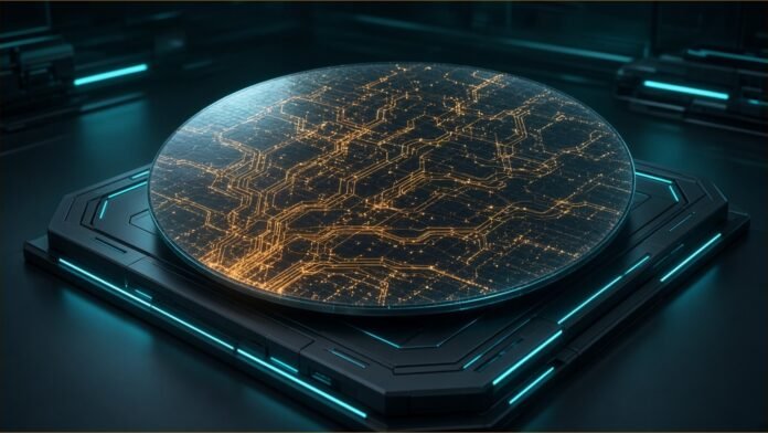 Infineon and Wolfspeed Add 200mm SiC Wafer Supply | TSN A large wafer with amber circuit traces glowing on a dark platform.