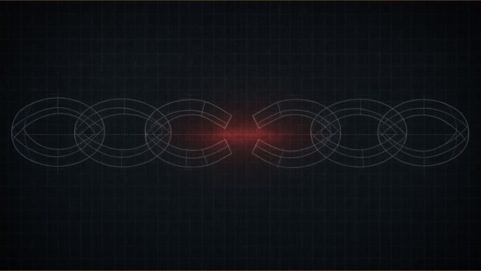 Initia Halts L1 and Rollups After Security Incident | TSN Illustration of a chain of outlined links on a dark grid, broken open in the middle with a muted red glow at the gap