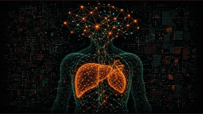 insitro and AstraZeneca Sign AI Drug Discovery Deal Cypherpunk torso silhouette with liver and heart as amber data lattices linked to a neural constellation