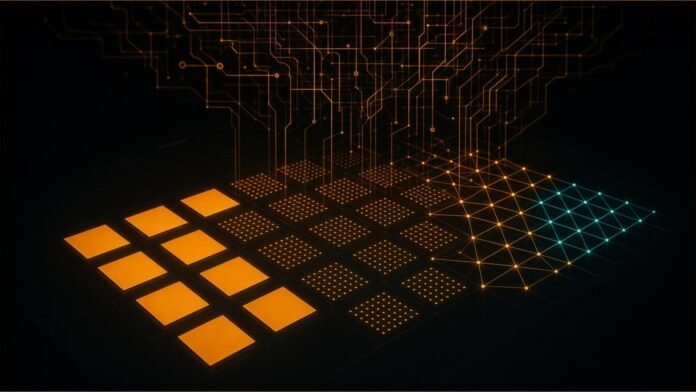 Intel to Buy Quantum Software Firm Classiq | TSN Illustration of a dark wafer whose blank amber dies shift into glowing dot lattices with a teal accent, beneath descending circuit lines
