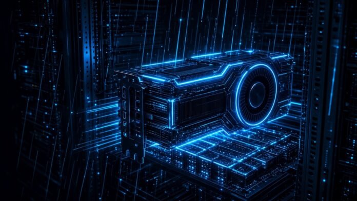 Data-centre GPU card glowing blue in a server rack