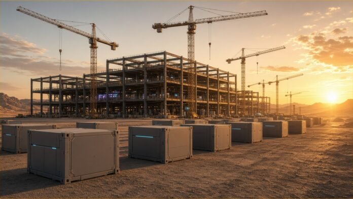 Illustration of a large factory steel frame under construction in a desert at golden hour, with cranes and equipment crates