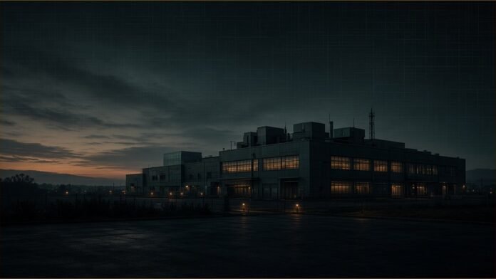 Dark, quiet industrial building outline at dusk with a faint thin column of haze rising from it