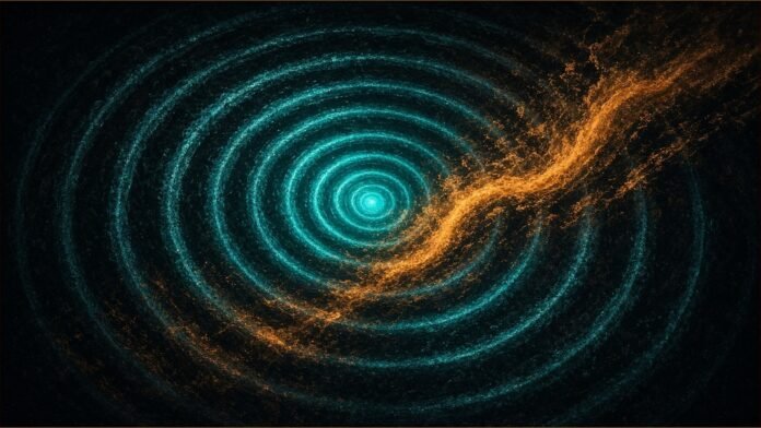 Intel illustration: concentric teal light ripples with an amber wave rising through the rings