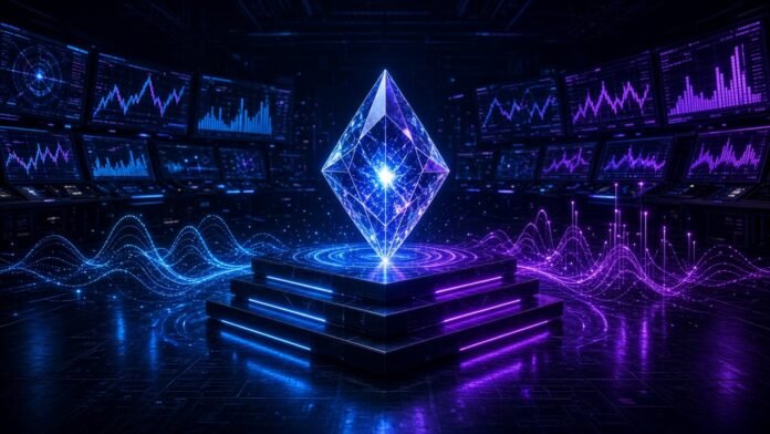 Octahedral crystal on glowing blocks with coin tokens spiralling back into the stack