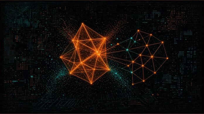 Abstract 3D topology manifold with glowing proof nodes linked by teal and amber paths