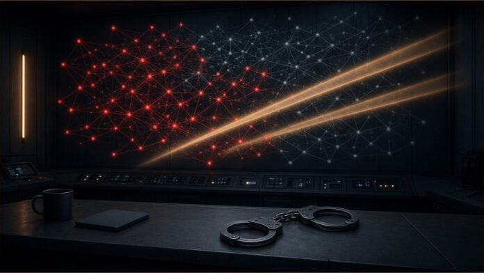 Interpol's Serengeti III Nets 1,462 Arrests in Africa | TSN Illustration of a dark command room wall of glowing network nodes being cut by amber beams, red nodes turning grey, with a pair of handcuffs on the desk in front