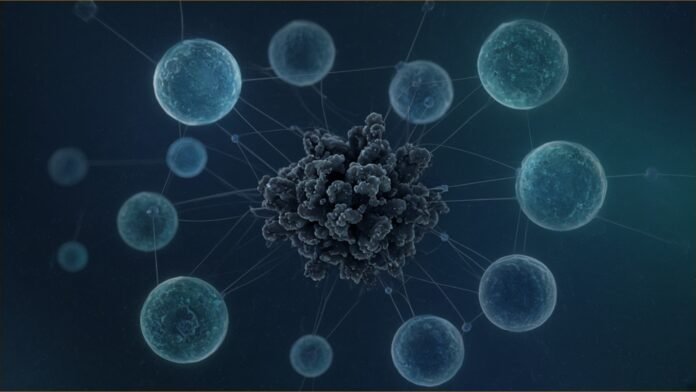 Early Trial: T-Cell Drug Invika Stalls Some Cancers | TSN Illustration of soft glowing spheres linked by fine filaments surrounding a dim, halted cell cluster