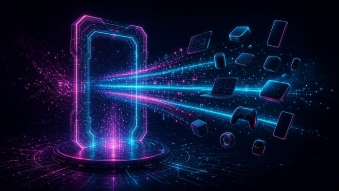 Glowing speech-bubble light packets racing along a circuit track from a server rack to a handheld device