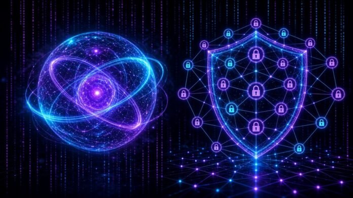 Glowing qubit sphere beside a neon zero-trust network shield