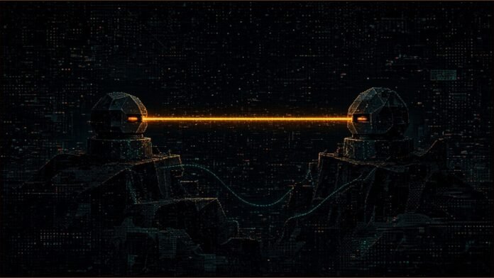 Illustration of two optical turrets linked by an amber beam of light across the night sky