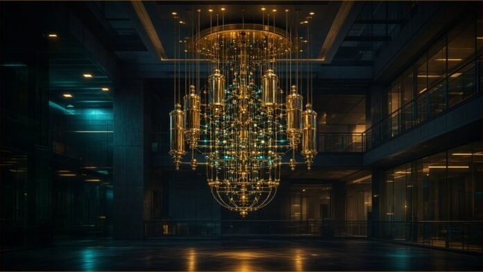 Glowing trapped ion chain suspended inside a stylised modern laboratory atrium