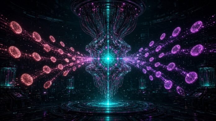 IonQ Prices $2.0 Billion Equity Offering at $40 a Share Glowing trapped-ion lattice of orbs above a stack of luminous share tiles, a larger faint stack beyond