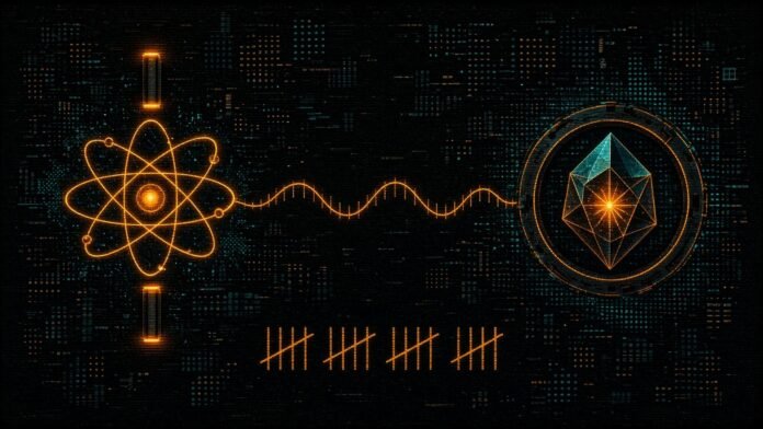 IonQ Reports 1,000+ Entangled Pairs a Second Ion-to-Memory Symbol-only illustration of a glowing cyan atom hovering between two electrode bars on the left, linked by a pulsed cyan wave-line to a faceted diamond-like crystal with an orange spark in a ring on the right, with tally marks along the bottom.