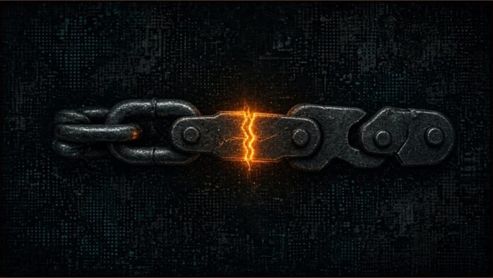 Illustration of a row of dark interlocking metal hinge links with one thin link glowing amber along a hairline fracture