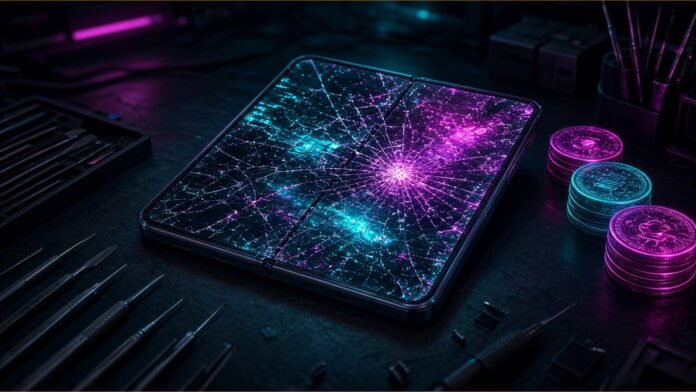 iPhone Duo Inner Screen Repair Costs $999 Without AppleCare+ Half-open wireframe folding phone with a crack of light down its inner hinge and a small floating wrench
