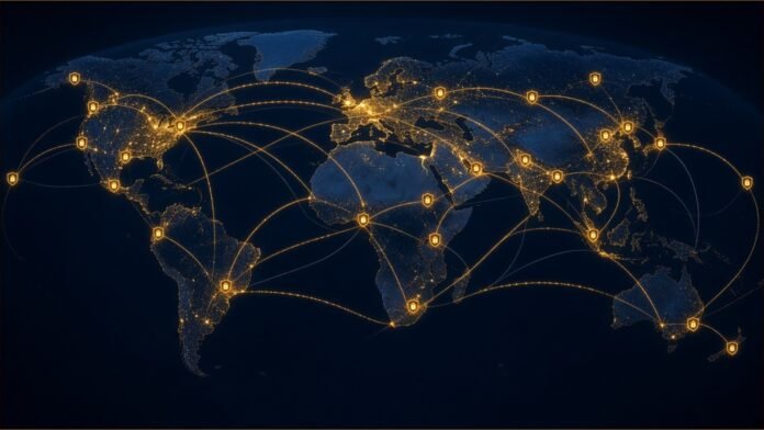 RPKI Now Protects 70% of Internet Routes, IPinfo Finds A world map of glowing network routes marked with small amber shield locks.