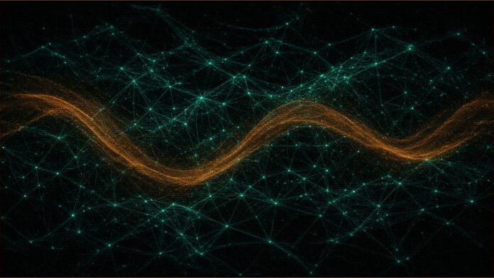 Illustration of a teal web of linked points with an amber wave passing across it.